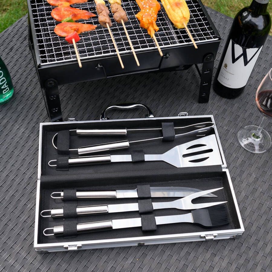 Merkloos Sans marque Decopatent BBQ Gereedschap SET 6 Delig in Koffer Barbecue BBQ Grill Tang Spatel Grijptang Mes Vleesvork Insmeerborstel