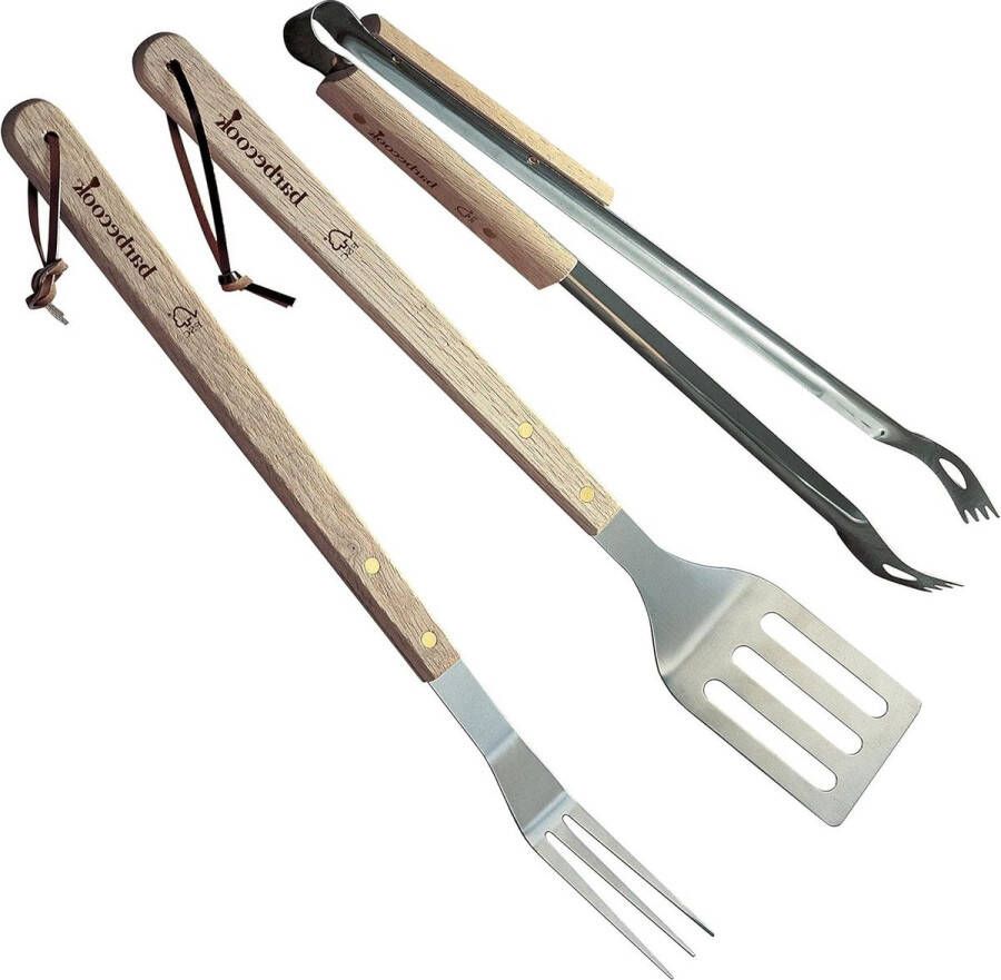 BBQ gereedschapset met bbq tang spatel en vleesvork van rvs en hout barbecue set
