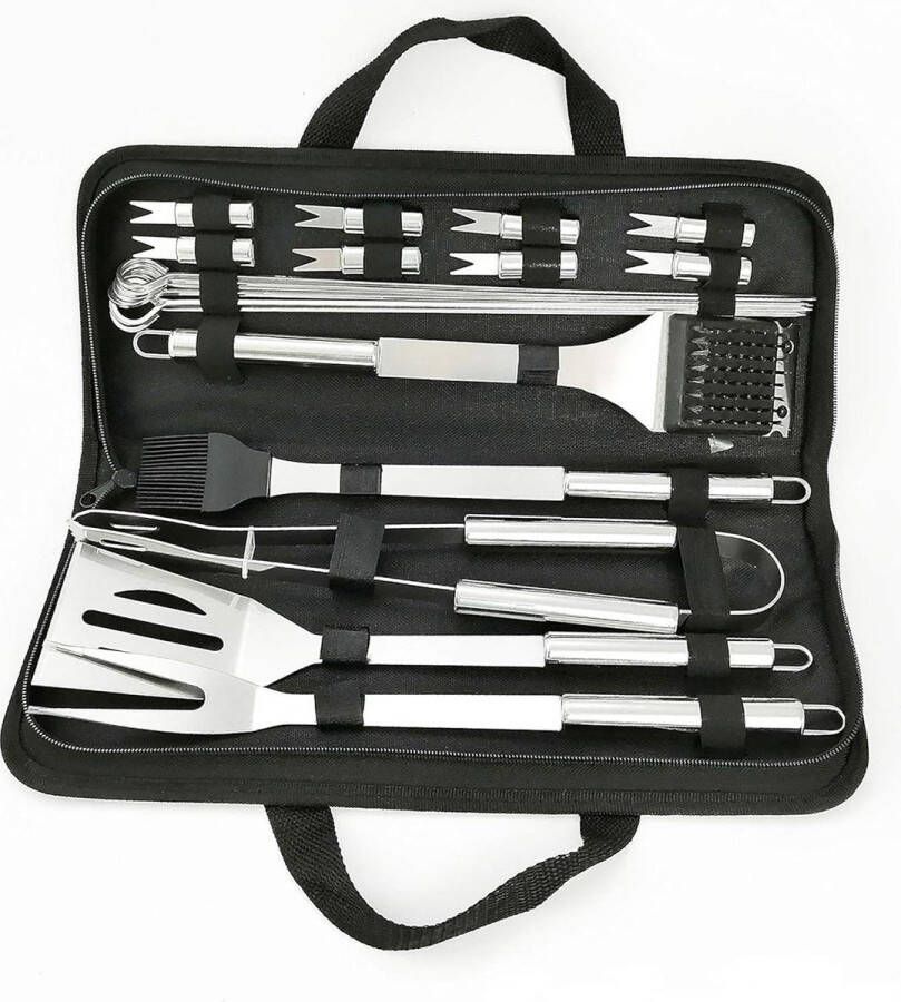 BBQ Grill Tool Kit 20 STKS RVS + Draagtas Tang Rijgborstel Spatel Reinigingsborstel Vleesvork Picknick Camping Koken Grillen