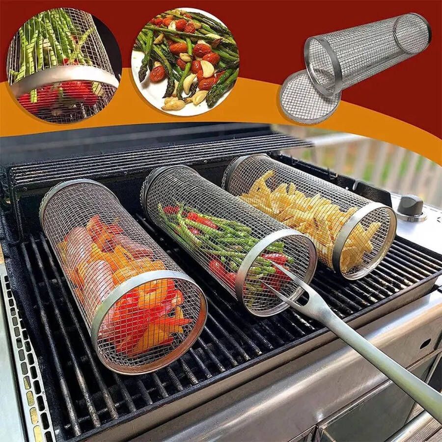 Bbq Grillmand Rollende Grillmand Roestvrijstalen Groenten Grillrooster 30 cm Barbecue Grillrooster