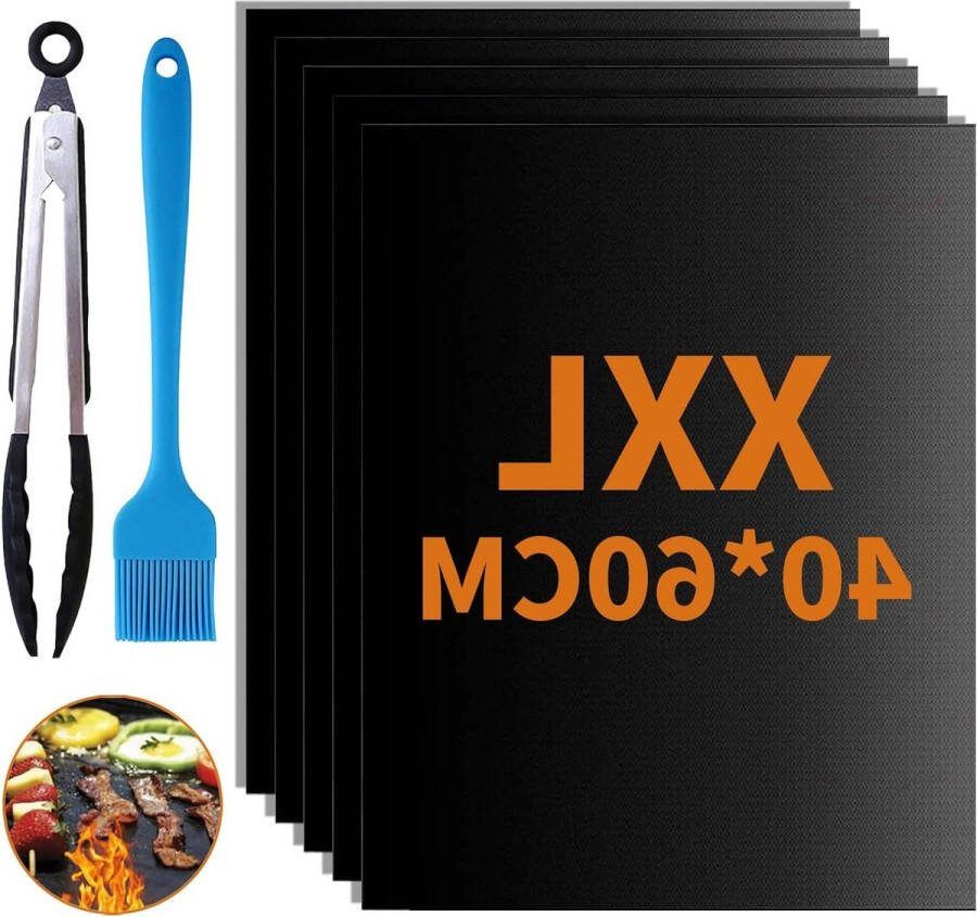 BBQ-grillmatten voor gasgrill Set van 5 60 x 40 cm anti-aanbaklaag teflon herbruikbaar bakpapier kwast clip duurzaam bakfolie bakmat houtskooloven