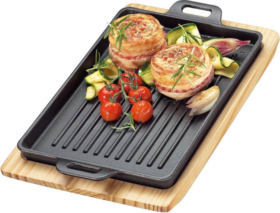 BBQ grillpan gietijzer gegroefd op houten plank vierkant 32 x 22 x 3 5 cm vuurkorf alle soorten kachels inclusief inductie serveerpan