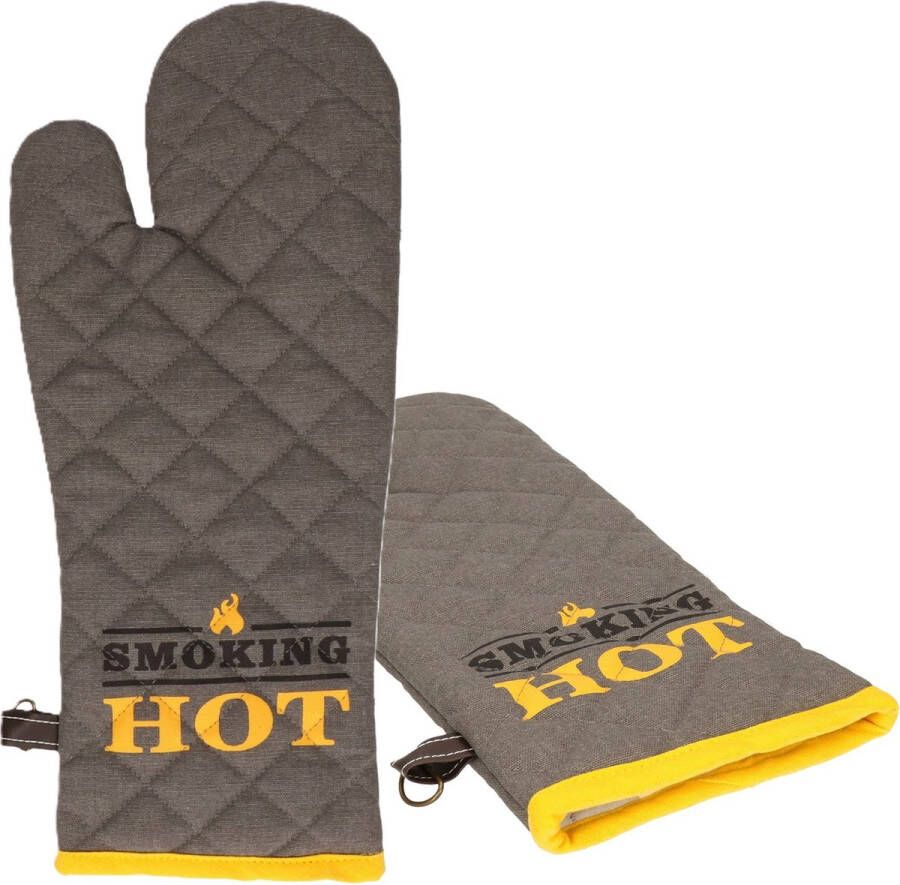 BBQ handschoenen 2x hittebestendig tot 250 graden donker grijs geel katoen ovenwanten
