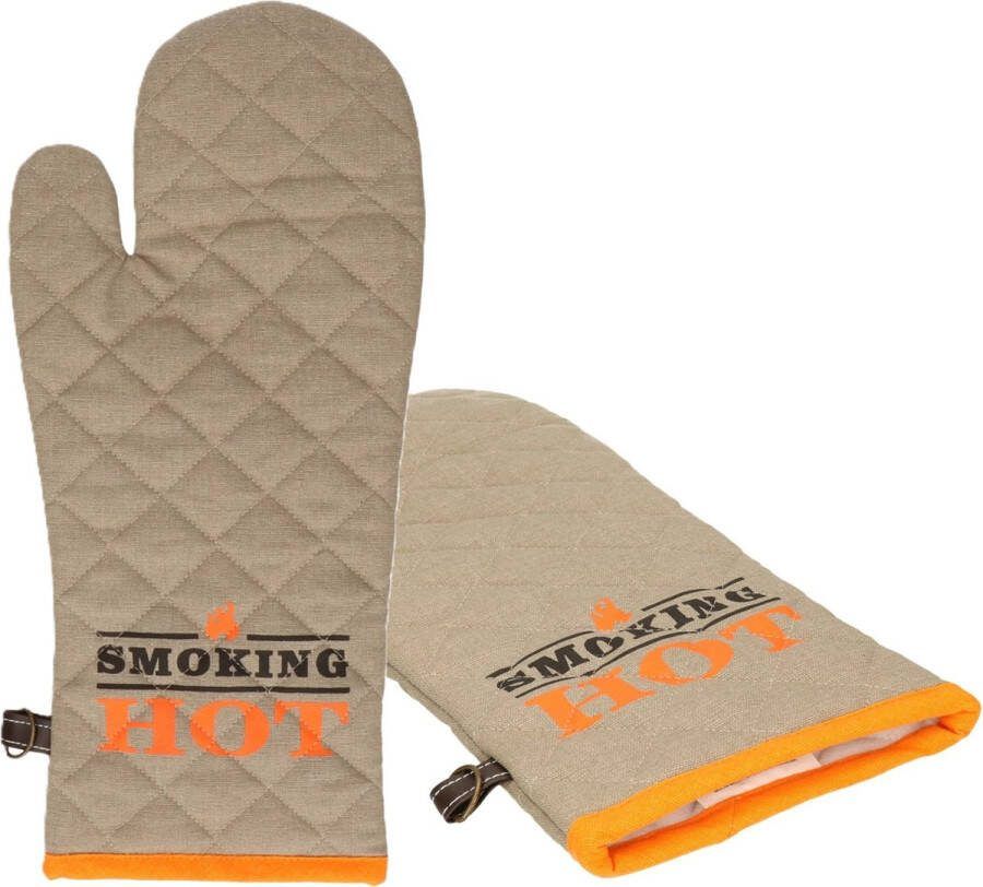 BBQ handschoenen 2x hittebestendig tot 250 graden lichtgrijs oranje katoen ovenwanten