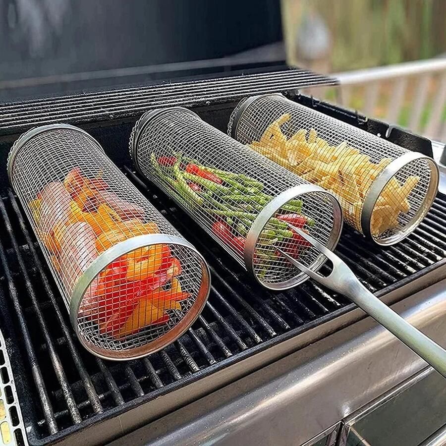 BBQ Rollende Grillmand RVS BBQ accessories Camping Barbecue Grillrooster Kamperen & outdoor 30 cm