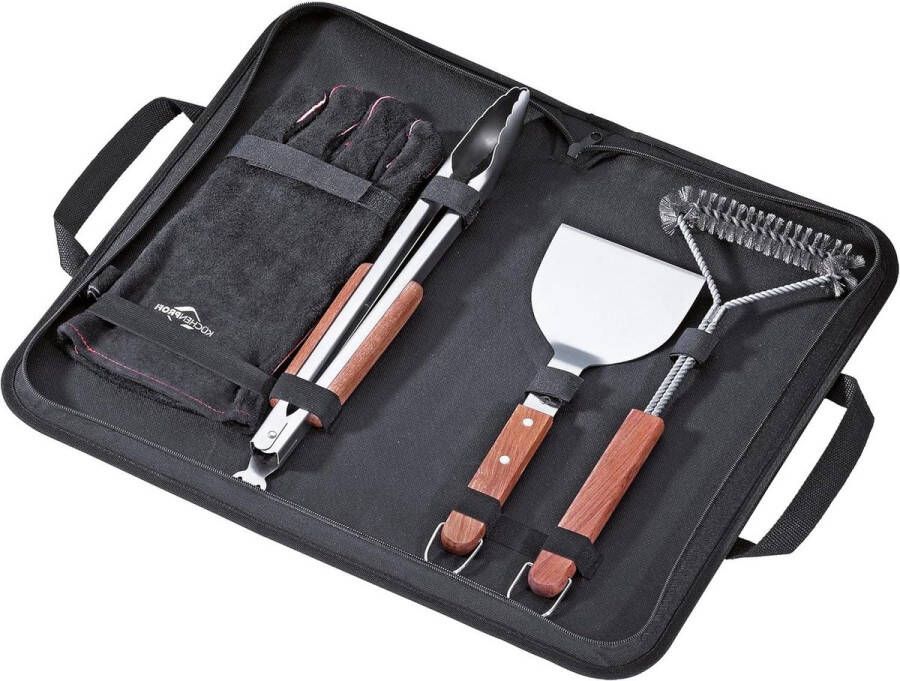 BBQ-set 4-delig Roestvrij Staal Grillbestek Handschoen Tang Zwarte Houten Handgrepen barbecue set