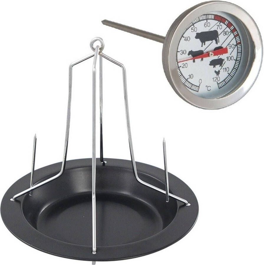 Trendo BBQ oven kippenspit kiphouder met schotel zwart 20 x 18 cm Met analoge vleesthermometer braadthermometer