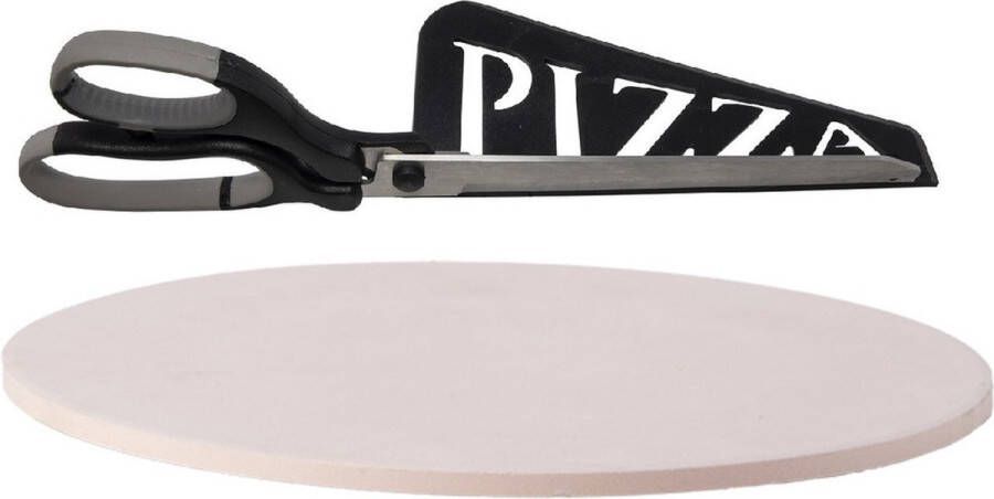 Merkloos BBQ oven pizzasteen rond keramiek 30 cm met zwarte pizzaschaar Pizzaplaten