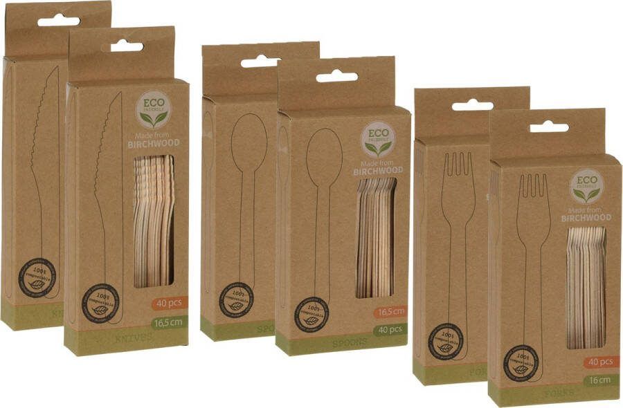 BBQ verjaardag camping bestek mes lepel vork 80 personen hout 16cm eco friendly wegwerp