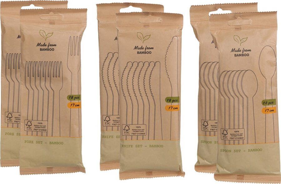 BBQ verjaardag camping bestek set mes lepel vork 18 personen bamboe 17 cm wegwerp