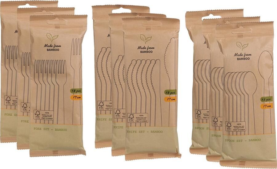 BBQ verjaardag camping bestek set mes lepel vork 36 personen bamboe 17 cm wegwerp