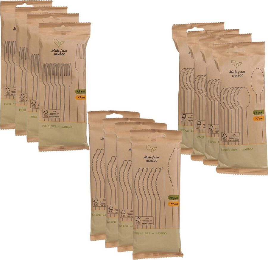 BBQ verjaardag camping bestek set mes lepel vork 54 personen bamboe 17 cm wegwerp