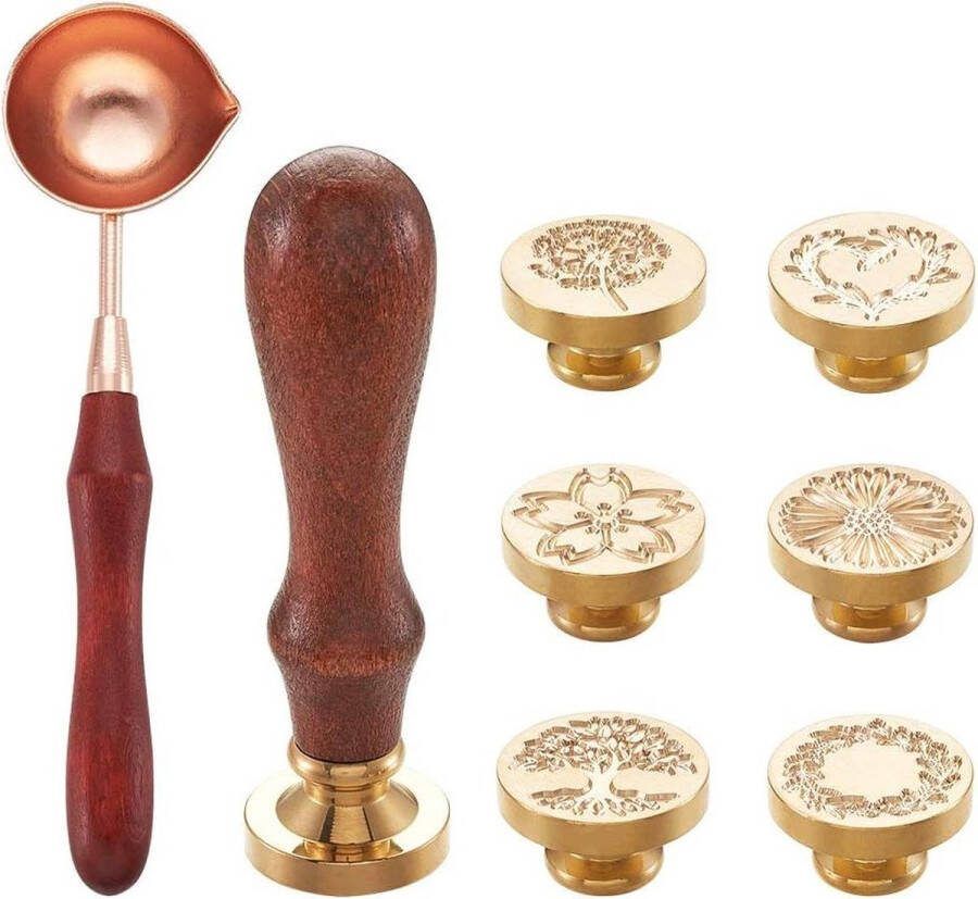 Beadthoven Waszegelstempelset 6 stuks retro koperen koppen 1 houten handvat 1 wassmeltlepel enveloppen uitnodigingen bruiloft versiering geschenk decoratie