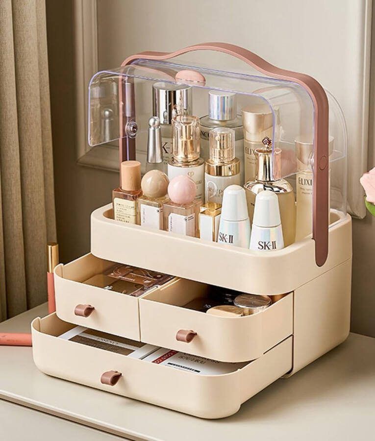 Beauty Organizer Make-up organizer Cosmeticaorganizer Stofdicht Opbergdoos met 3 Laden voor Dressoir Badkamer Slaapkamer Bruin