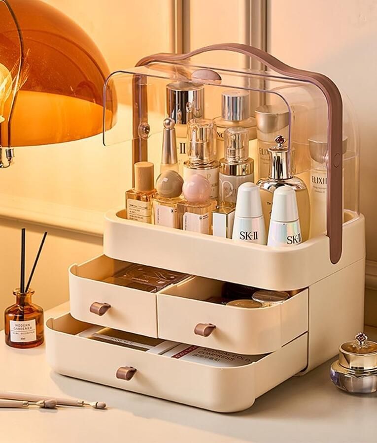 Beauty Organizer Make-up organizer Cosmeticaorganizer Stofdicht Opbergdoos met 3 Laden voor Dressoir Badkamer Slaapkamer Bruin