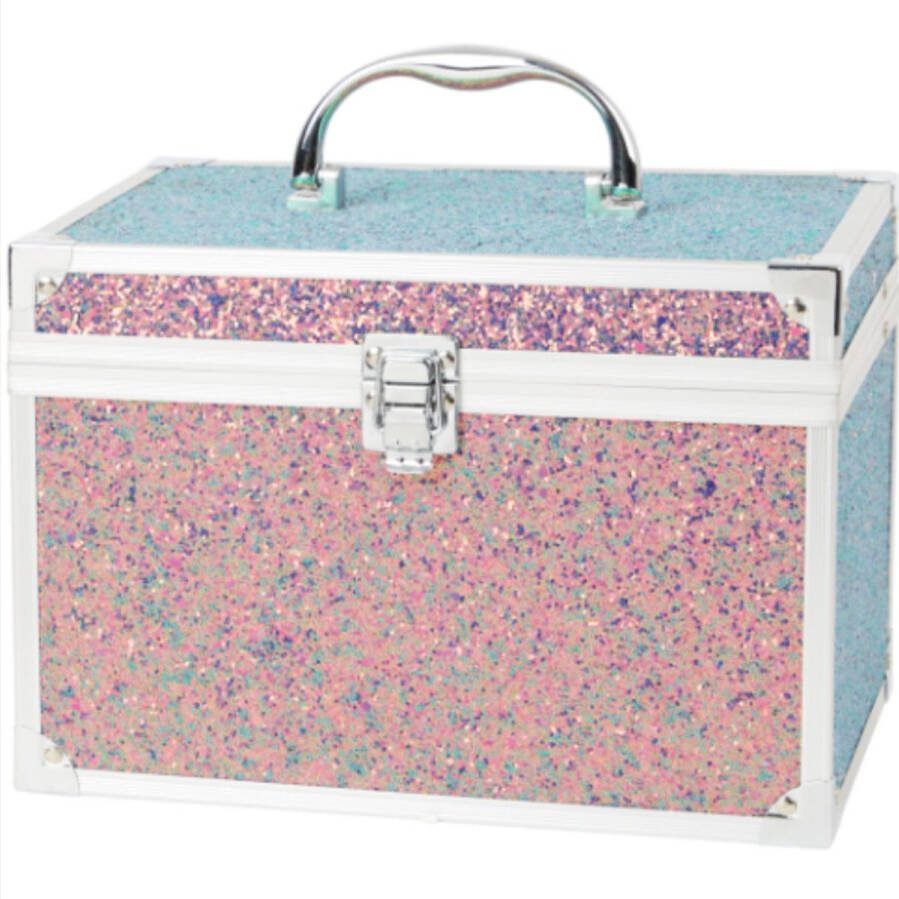 Beauty vanity case Make up koffer Paars met glitters Met spiegel en extra opbergvak
