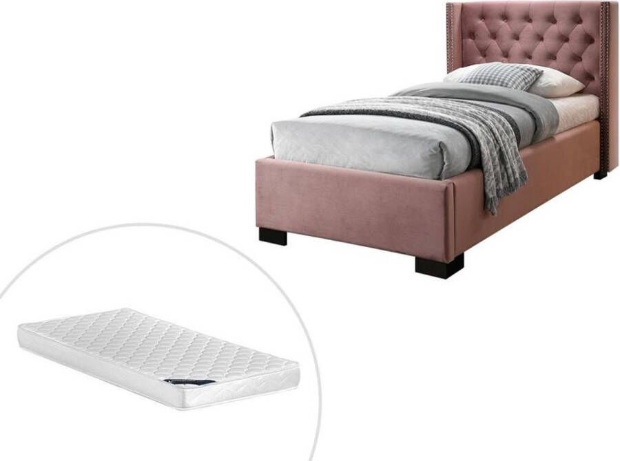 Bed MASSIMO met gewatteerd hoofdbord 90 x 200 cm Roze fluweel + Matras L 216 cm x H 111.5 cm x D 114 cm