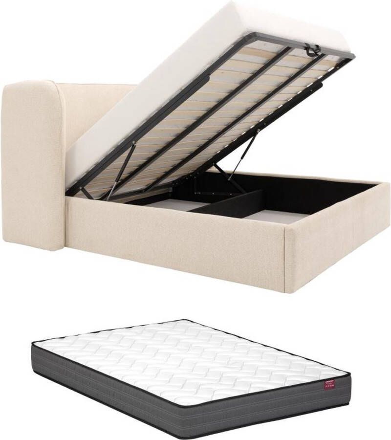 Bed met opbergruimte 180 x 200 cm met ingekeept hoofdbord Met ledverlichting Stof Beige + matras STOKALI L 215 cm x H 113 cm x D 215 cm