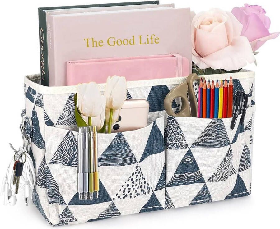 Bed-organizer bedtas met ophanghaak hangtas hoogslaper opbergtas voor boek tijdschrift mobiele telefoon hoofdtelefoon bed opslag (blauwe driehoek)