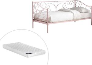 Bedbank VIVIAN 90 x 200 cm Metaal Roze + Matras L 207 cm x H 95 cm x D 96 cm