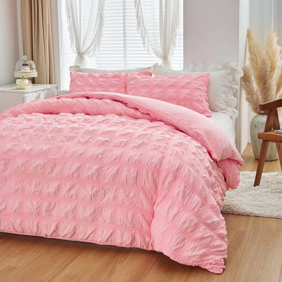 Beddengoed 200 x 200 cm zomer roze geruit behaaglijk zacht ademend microvezel beddengoed modern beddengoed 3-delig met ritssluiting en 2 kussenslopen van 80 x 80 cm