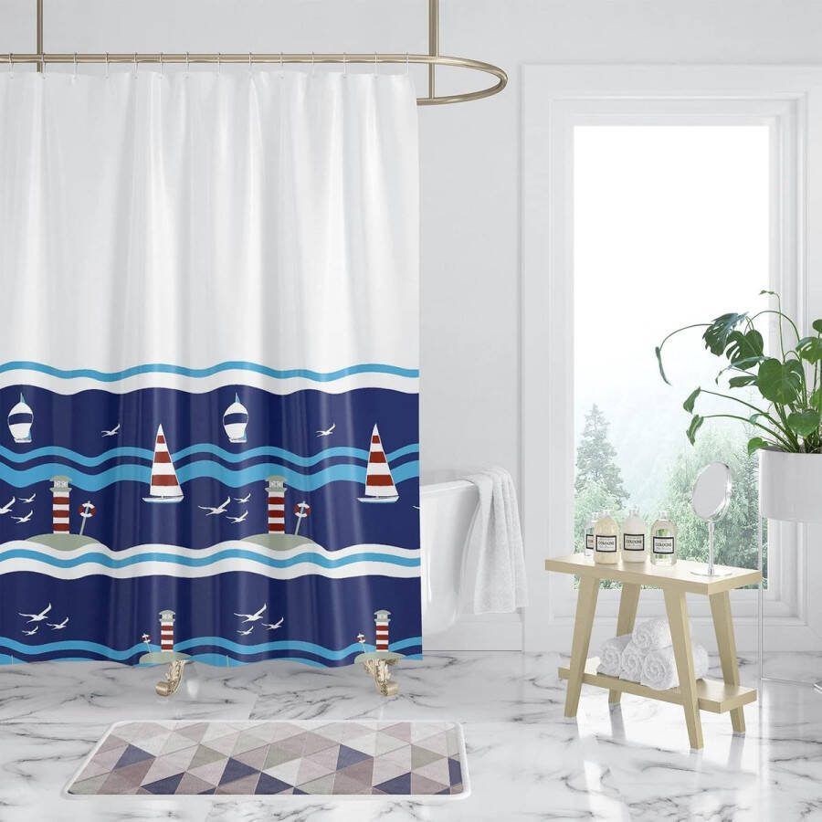 Beddengoed Douchegordijn 180 x 200 cm Blauwe Maritieme Zeilboten Waterdichte Anti-Schimmel Douchegordijnen Polyester Badgordijn voor Badkamer en Bad met 12 Douchegordijnringen