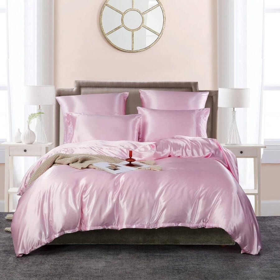 Beddengoed roze 135 x 200 cm 2-delige set satijn zijde glanzend glad beddengoedset luxe glanzend satijn roze lichtroze eenpersoonsbed met ritssluiting