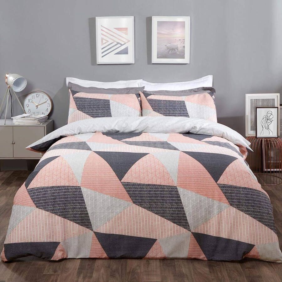 Beddengoedset met geometrisch Scandi-dekbedovertrek en kussensloop voor meisjes jongens vrouwen volwassenen blush pink eenpersoonsbed