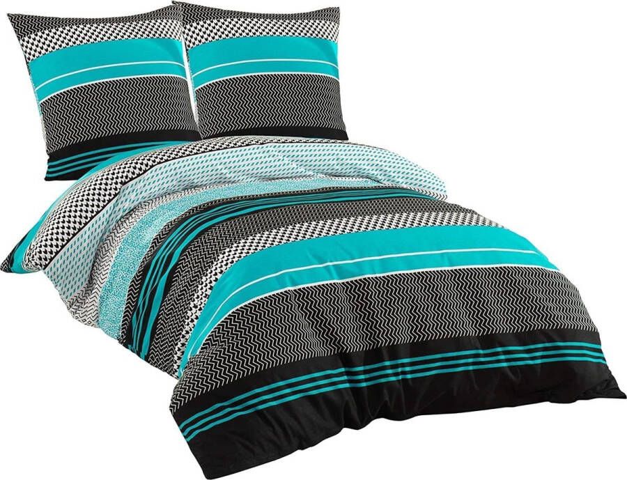 Beddengoedset van renforcé-katoen met ritssluiting bed-garnituur bestaande uit dekbedovertrek en kussensloop turquoise zwart en wit