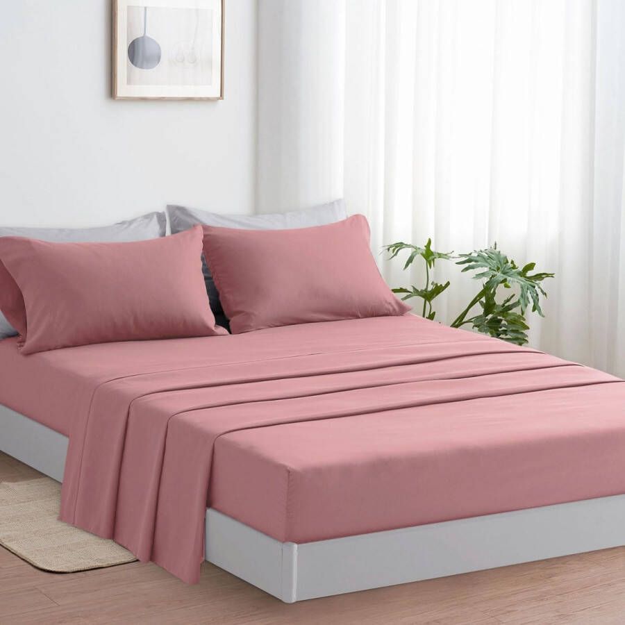 Beddengoedset voor eenpersoonsbed bovenlaken hoeslaken en 1 kussensloop microvezel beddengoed eenkleurig roze