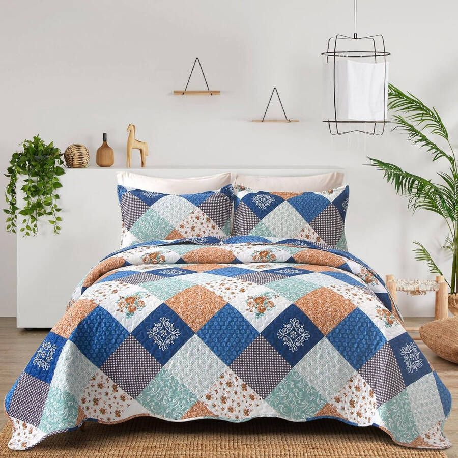 Beddensprei 240 x 260 cm Blauw Patchwork Beddensprei Gewatteerde Beddensprei Bloemenpatroon Quilt Microvezel Geruite Beddensprei met 2 Kussenslopen 50 x 75 cm