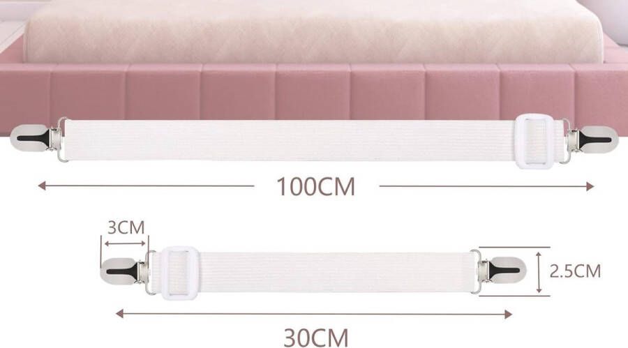 Bedlakenspanner 4 stuks verstelbaar (30-100 cm) witte elastische lakenspanner spanner voor laken matras kribbe strijkplank of bank