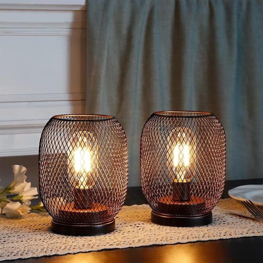 Bedlampjes op batterijen Set van 2 Vintage kooi tafellamp 17cm Voor woonkamer slaapkamer Thuis bruiloften balkon party lounge Indoor hal tuin Ronde vorm