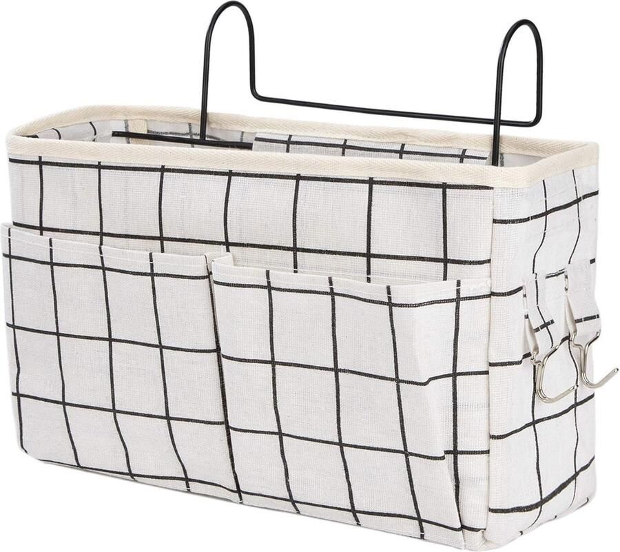 Bedzak om op te hangen Bedhangerorganisator met grote capaciteit Multifunctionele bedtas Hoogslaper Hangtas Opbergtas voor boek tijdschrift hoofdtelefoon (wit raster)