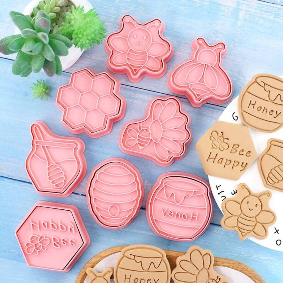 Bee Cookie Cutter Set-8 Plastic Cookie Stempel Bijen Festival Thema Fun Cookie Mold Kinderen Bakset