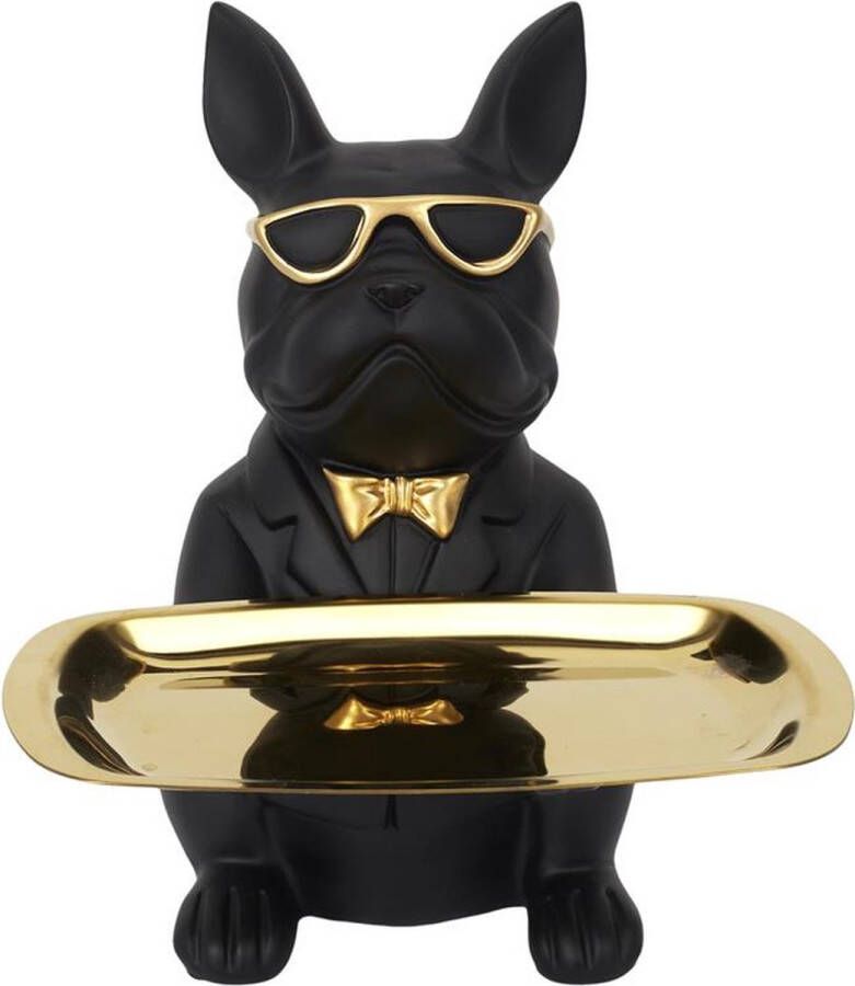 CASA DI ELTURO Beeld Bulldog Zwart met Goudkleurige dienblad H21 cm