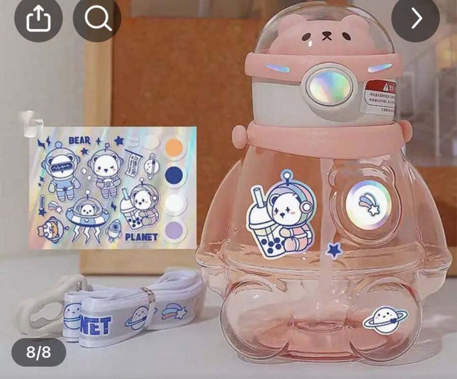 Beer Cartoon Waterfles Zomer Draagbare Plastic Bekers Buitensporten Plastic Waterfles Met Rietje En Schouderband- Roze