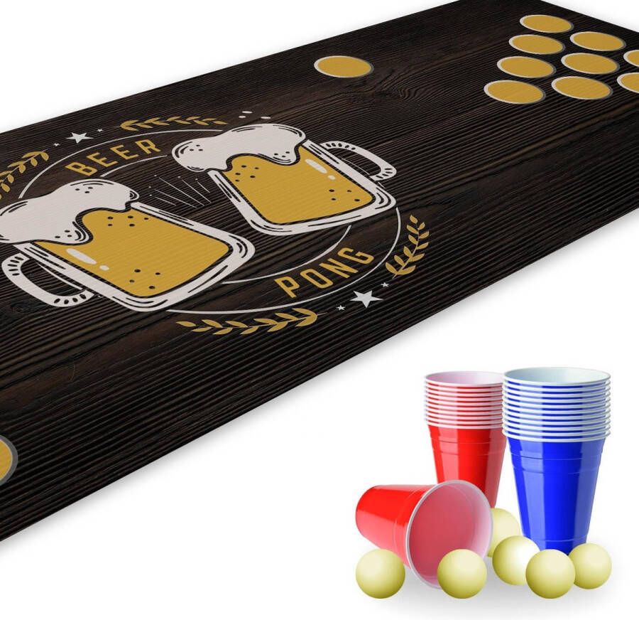 Beer Pong Set speelveldmat met bierpul design incl. 22 partybekers en 6 tafeltennisballen drinkspel feestspellen en verjaardagen herbruikbaar en afwisbaar 180 x 60 cm