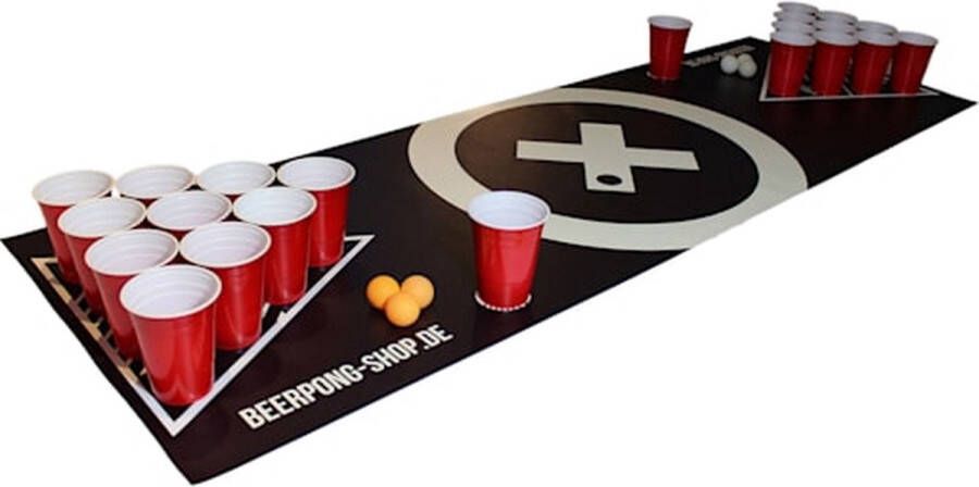 BeerCup Baseliner Beer Pong PVC speelmat set audio 180 x 60 cm Incl. 70 Red Beer Cups & 6 ballen