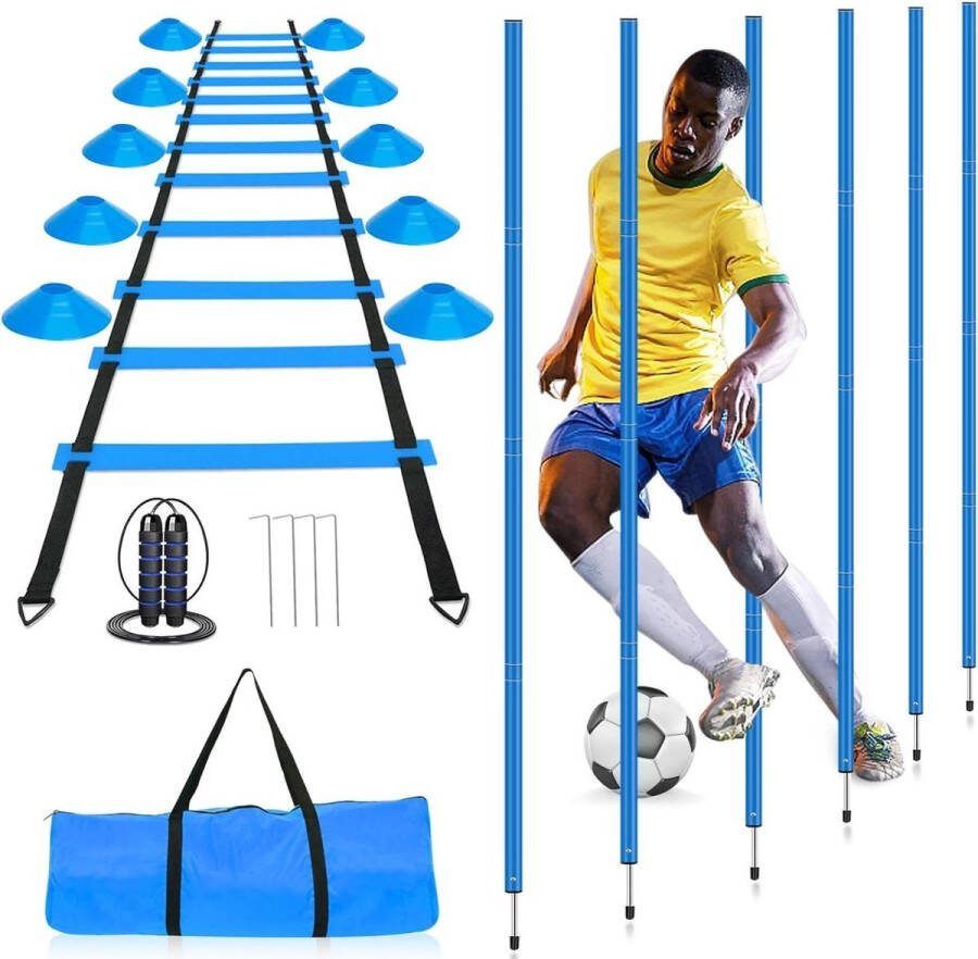 Behendigheidstrainingsset 6 behendigheidspalen behendigheidsladder voetbalkegels springtouw snelheidstraining voetbaltraining behendigheidstraining Voetalbal trainingsmateriaal