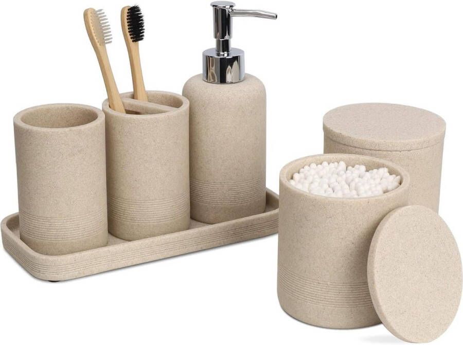 Beige badkamer accessoires set 6 stuks tandenborstelhouder lotion zeepdispenser 2 Qtip houder dispensers ijdelheid lade badkamer beker aanrecht ijdelheid organizer badkamer accessoire