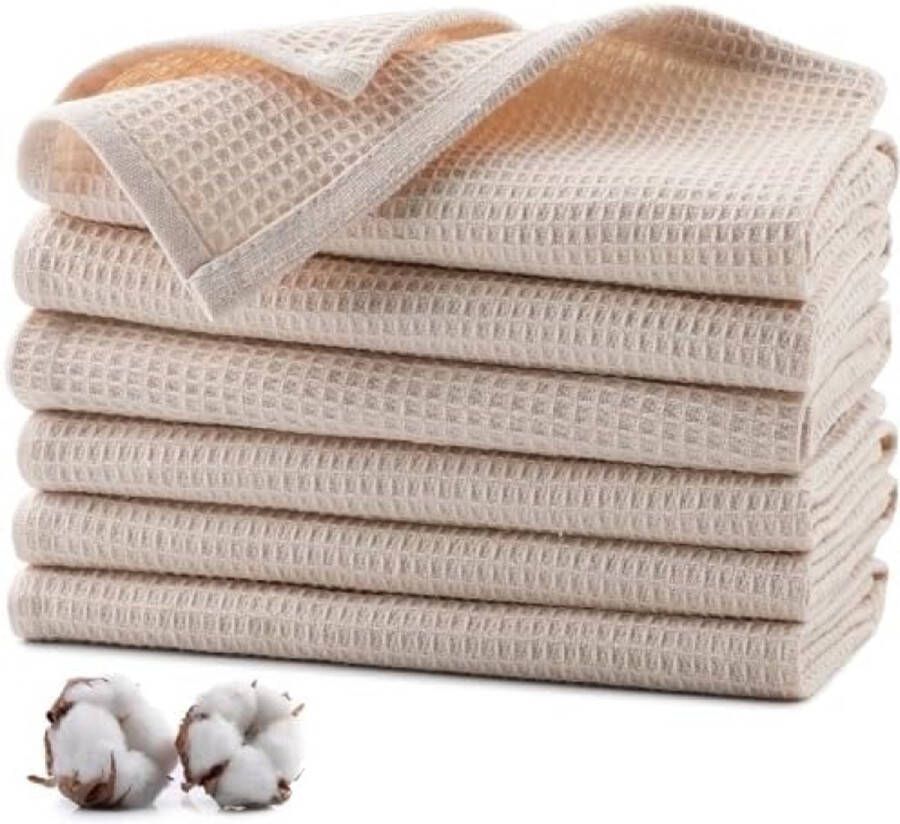 Beige Theedoeken 100% katoen 35 x 35 cm absorberende keukenhanddoeken zachte theedoeken dikke premium wafeldoeken vaatdoeken poetsdoeken machinewasbaar 6 stuks beige