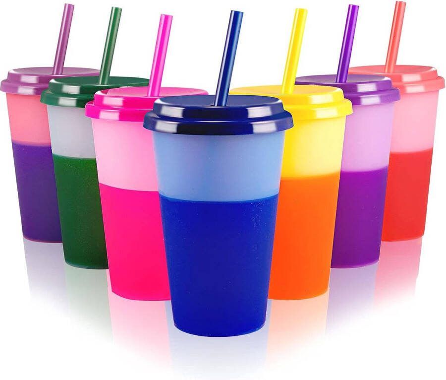 Beker drinkbeker met rietje en deksel 350 ml kleurwisselbeker herbruikbare plastic beker kinderbeker beker reisbeker tumbler ijskoffie koud drinken smoothie sap 7 stuks