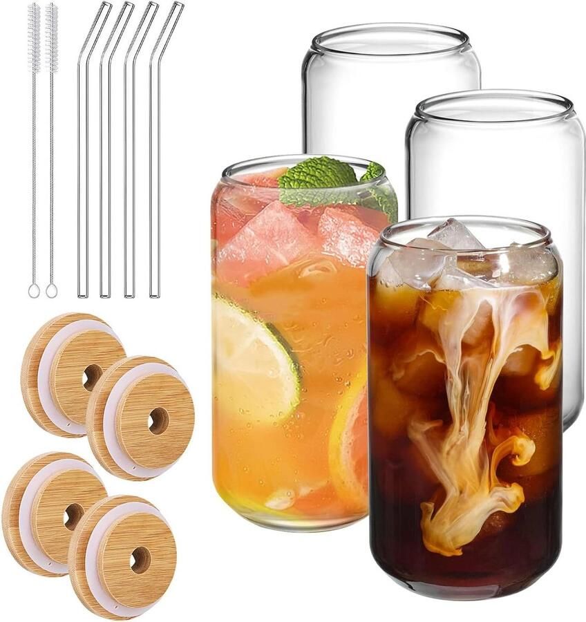 Bekers met bamboedeksel en glazen rietje set van 4 ijsbekers bierglas vorm Mason Jar DIY water cocktail smoothie frisdrankcadeau