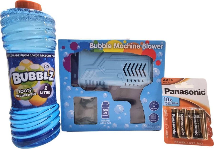 Bellenblaaspistool Blauw 32 shots met verlichting + 100ML + 1L bellenblaas vloeistof + incl. 4 batterijen