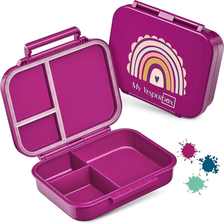 Bento Box Children NIEUW MODEL compacter en lichter lekvrij & BPA-vrij lunchbox voor kleuterschool en school (paars regenboog)