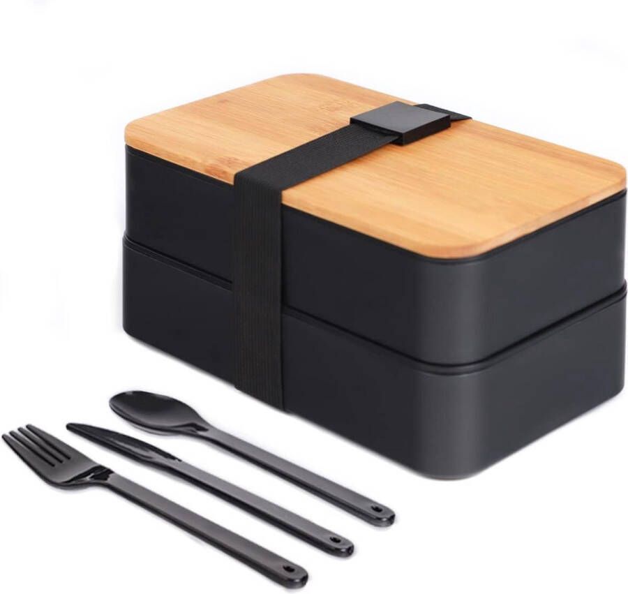 Bento Box Japans broodtrommel met vakken 3-delig bestek lunchbox met bamboedeksel voor school en werk voor kinderen en volwassenen