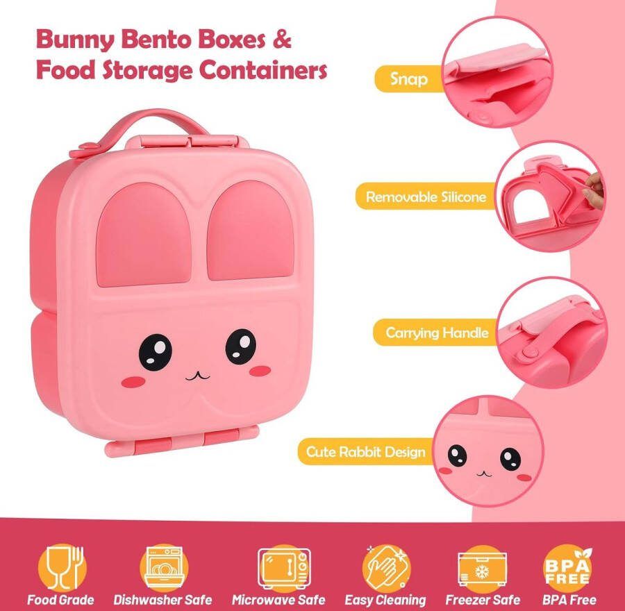 Bento Box Kinderbroodtrommel met 4 vakken kleuterschool lekvrij bento box met sausglas lepel vork lunchbox voor kinderen voor magnetron vaatwassers voor school en picknick roze