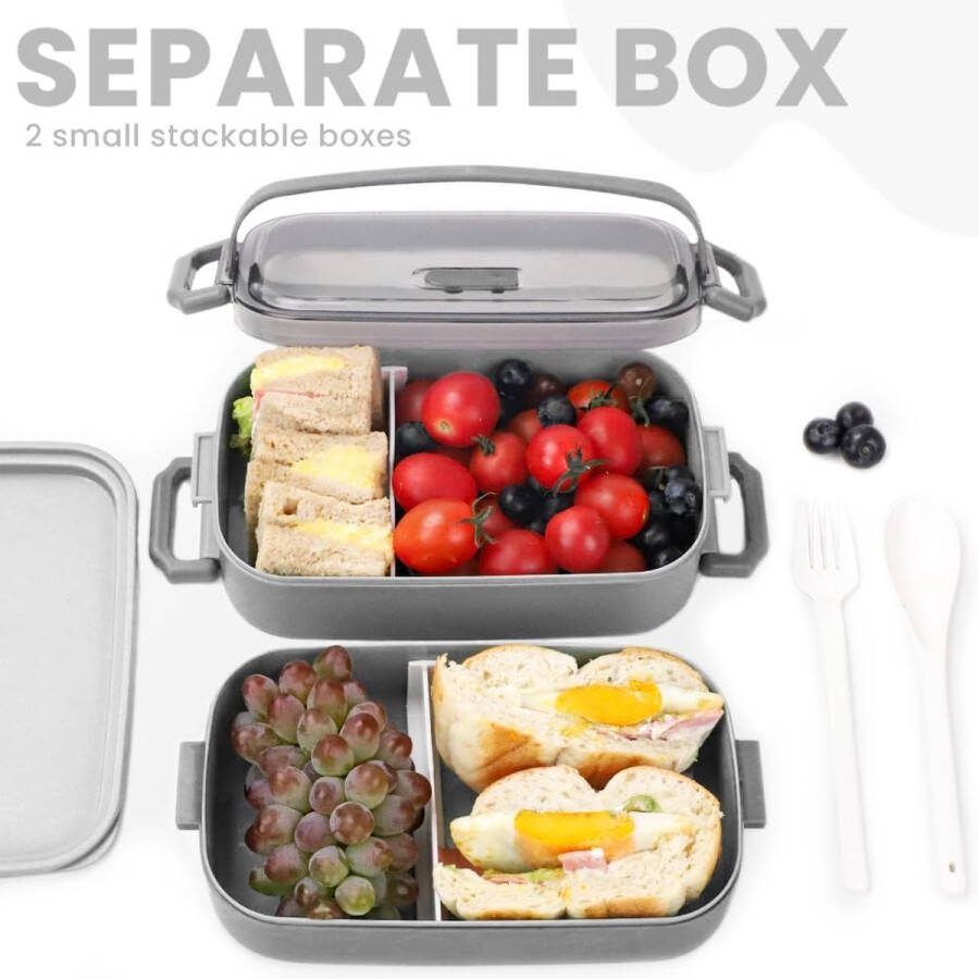 Bento Box Lunchbox 1600 ML 2 in 1 PP Broodtrommel met 3 Vakken Duurzame Snackbox met Lepel Lunchbox voor Volwassenen en Kinderen Broodtrommel voor School Werk Picknick Reizen
