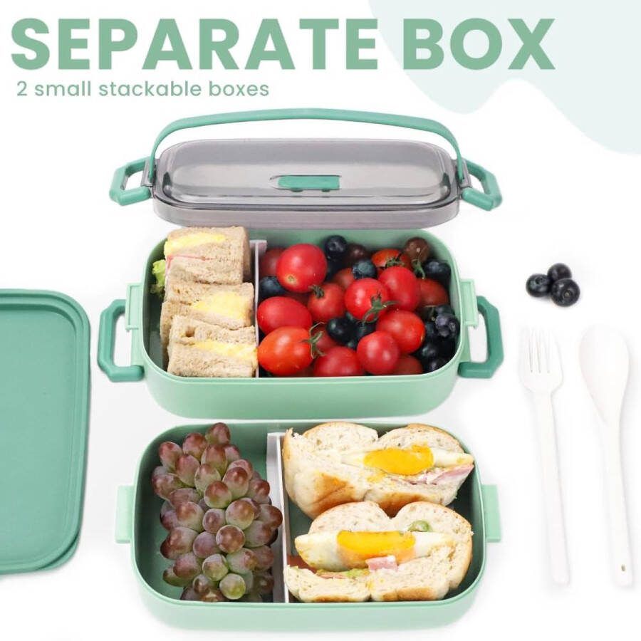 Bento Box Lunchbox 1600 ML 2 in 1 PP Broodtrommel met 3 Vakken Duurzame Snackbox met Lepel Lunchbox voor Volwassenen en Kinderen Broodtrommel voor School Werk Picknick Reizen